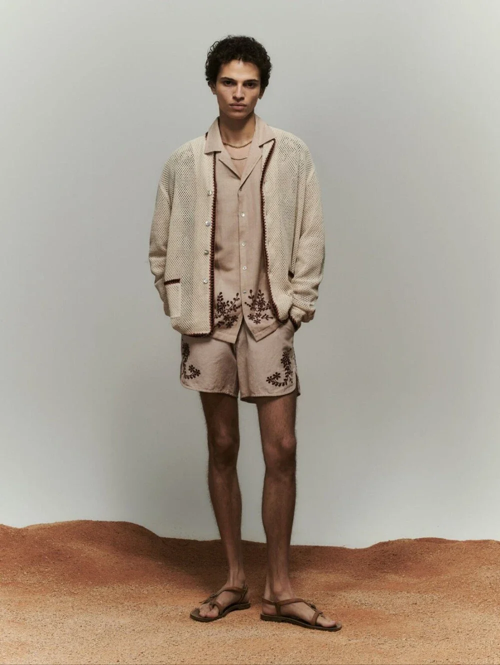 Baziszt Vine Shirt And Shorts Set Beige Embroidered Two-Piece